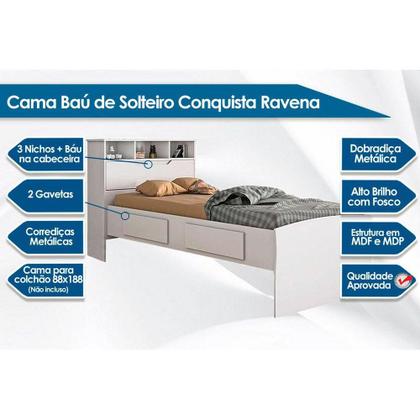 Imagem de Cama Solteiro Ravena c/ 2 Gavetas Branco - Conquista