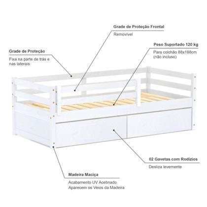 Imagem de Cama Solteiro Slim RB com 02 Gavetas e Grade de Proteção Madeira Maciça Branco Housin