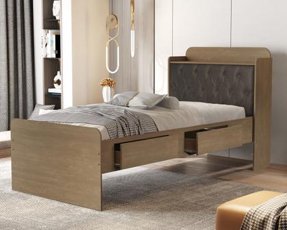 Imagem de Cama Tamires Baú 2 Gavetas Solteiro Com Capitonê Castanho/Nogal  VJ Móveis