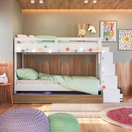 Imagem de Cama Treliche Infantil 188x78cm com Escada com Nichos Grade de Proteção e Gavetas Branco com Aveiro Oak
