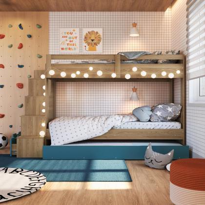 Imagem de Cama Treliche Infantil Bicama Menino Menina 2,32m com Escada, Nichos e Gavetas Aveiro com Azul