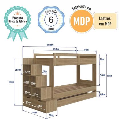 Imagem de Cama Treliche Infantil Bicama Menino Menina 2,32m com Escada, Nichos e Gavetas Aveiro Oak