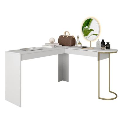 Imagem de Camarim Em L Industrial Com Led E Espelho Oval Mavi Dourado/bco - M.a