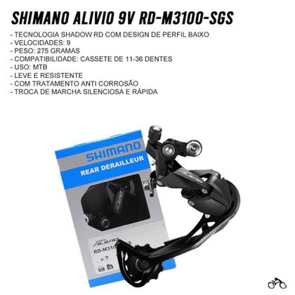 Imagem de Câmbio Shimano Bike Traseiro Alivio M3100 Sgs 9v