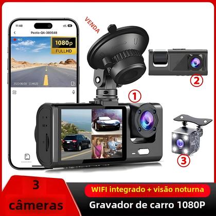 Imagem de Câmera Dash Cam Veicular 1080P 3 Canais com Wi-Fi, Visão Noturna e App