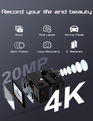 Imagem de Câmera de ação Apexcam M80 Air 4K 20MP à prova d'água 131 pés