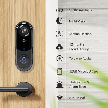 Imagem de Câmera de campainha eudic J1 Wireless 1080P com carrilhão preto