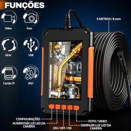 Imagem de Câmera de Inspeção Endoscópica LCD 4K HD Cabo 5 Metros Prova DÁgua