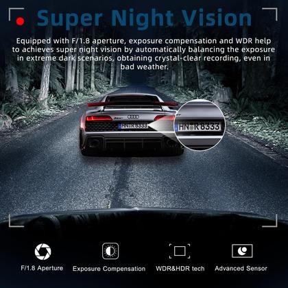 Imagem de Câmera de painel frontal e traseira de 2,5 K+1080P FHD WiFi para carros, câmera de painel de ângulo de 170 com cartão SD de 64G, controle de aplicativos, tela IPS de 3”, visão noturna, modo de estacionamento, sensor G, WDR, gravação em loop