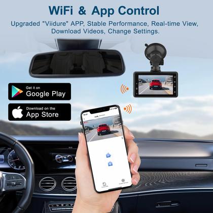 Imagem de Câmera de painel frontal e traseira de 2,5 K+1080P FHD WiFi para carros, câmera de painel de ângulo de 170 com cartão SD de 64G, controle de aplicativos, tela IPS de 3”, visão noturna, modo de estacionamento, sensor G, WDR, gravação em loop