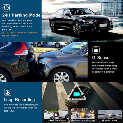 Imagem de Câmera de painel frontal e traseira de 2,5 K+1080P FHD WiFi para carros, câmera de painel de ângulo de 170 com cartão SD de 64G, controle de aplicativos, tela IPS de 3”, visão noturna, modo de estacionamento, sensor G, WDR, gravação em loop