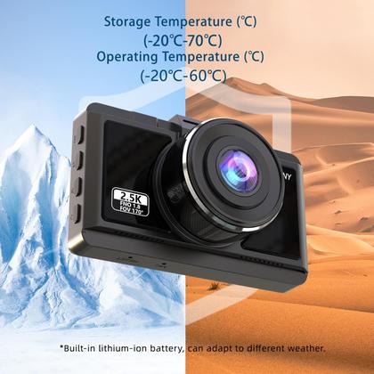 Imagem de Câmera de painel frontal e traseira de 2,5 K+1080P FHD WiFi para carros, câmera de painel de ângulo de 170 com cartão SD de 64G, controle de aplicativos, tela IPS de 3”, visão noturna, modo de estacionamento, sensor G, WDR, gravação em loop