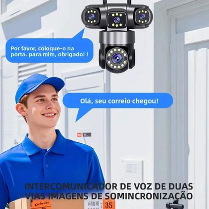 Imagem de Camera de Segurança 4 Lentes HD WiFi Grava Voz PTZ 360 Graus App Sensor Presença Microfone Audio Visao Noturna