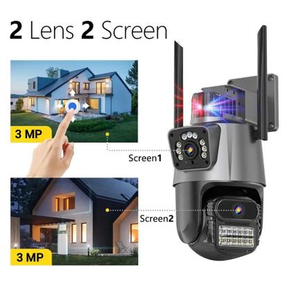 Imagem de Câmera de Segurança Dupla WiFi 6MP Full HD 8X Zoom com Alarme Integrado Detecção Humana e Reconhecimento de Movimento com Cartão de Memória 32GB