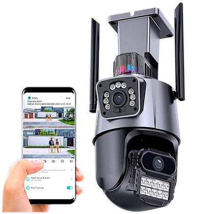 Imagem de Câmera de Segurança Dupla WiFi 6MP Full HD 8X Zoom com Alarme Integrado Detecção Humana e Reconhecimento de Movimento com Cartão de Memória 32GB