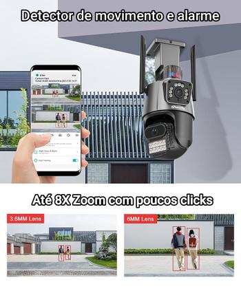 Imagem de Câmera de Segurança Dupla WiFi 6MP Full HD 8X Zoom com Alarme Integrado Detecção Humana e Reconhecimento de Movimento com Cartão de Memória 32GB