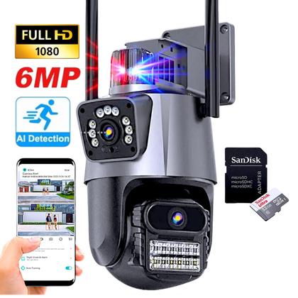 Imagem de Câmera de Segurança Dupla WiFi 6MP Full HD 8X Zoom com Alarme Integrado Detecção Humana e Reconhecimento de Movimento com Cartão de Memória 32GB