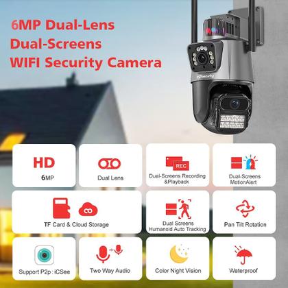 Imagem de Câmera de Segurança Dupla WiFi 6MP Full HD 8X Zoom com Alarme Integrado Detecção Humana e Reconhecimento de Movimento com Cartão de Memória 32GB