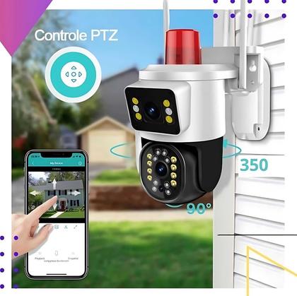 Imagem de Camera de segurança FULL HD Wifi Lente dupla Zoom sensor e rastreio de movimento Flash Light alarme e sirene de dispersão FHD Vigilância