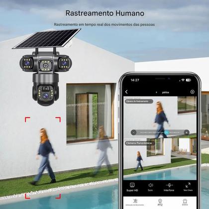 Imagem de Camera de Segurança Placa Solar Lente Dupla 360 Graus WiFi HD App Sensor Presença Visao Noturna Visao Panoramica