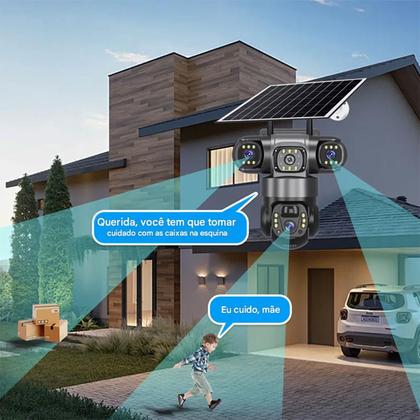 Imagem de Camera de Segurança Placa Solar Lente Dupla 360 Graus WiFi HD App Sensor Presença Visao Noturna Visao Panoramica