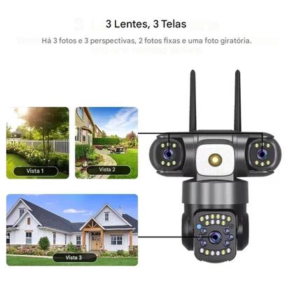 Imagem de Camera de Segurança Tres Lentes 360 Graus App Wifi Microfone Audio Sensor Movimento Visao Noturna Residencial Comercial