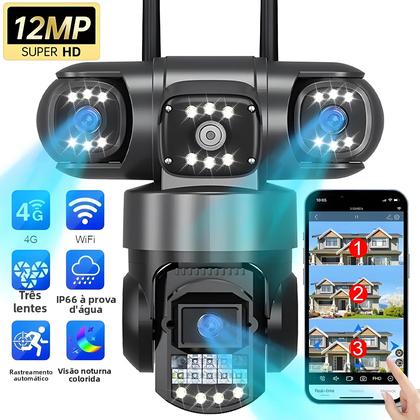 Imagem de Câmera de Segurança WiFi 4G com Zoom 10X e Lente Tripla de 12MP - Monitoramento Interno e Externo