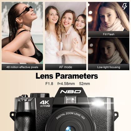 Câmera digital NBD 48MP 16X Zoom 4K Vlogging com lente macro