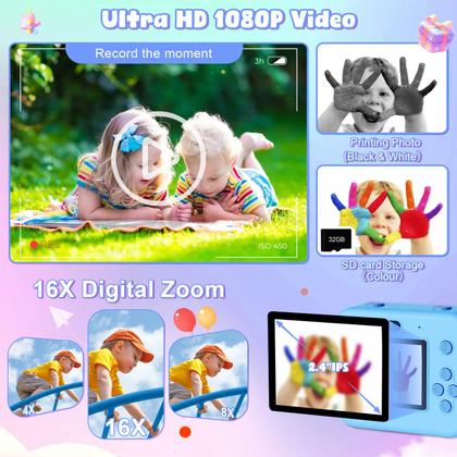 Imagem de Câmera infantil Instant Print  câmera digital de vídeo HD 1080P para crianças pequenas com impressão em papel fotográfico, brinquedo portátil para 4, 5, 6, 7, 9, 10 anos, presentes de aniversário de Natal para meninos e meninas (azul)