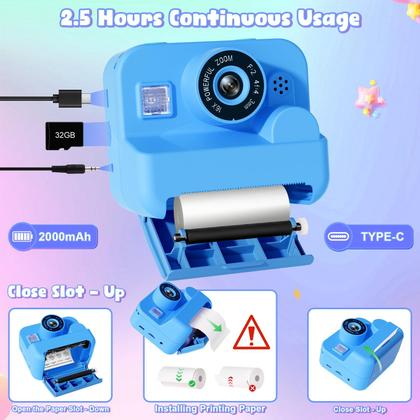 Imagem de Câmera infantil Instant Print  câmera digital de vídeo HD 1080P para crianças pequenas com impressão em papel fotográfico, brinquedo portátil para 4, 5, 6, 7, 9, 10 anos, presentes de aniversário de Natal para meninos e meninas (azul)