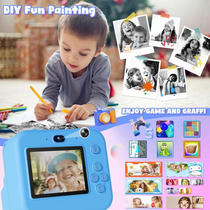 Imagem de Câmera infantil Instant Print  câmera digital de vídeo HD 1080P para crianças pequenas com impressão em papel fotográfico, brinquedo portátil para 4, 5, 6, 7, 9, 10 anos, presentes de aniversário de Natal para meninos e meninas (azul)