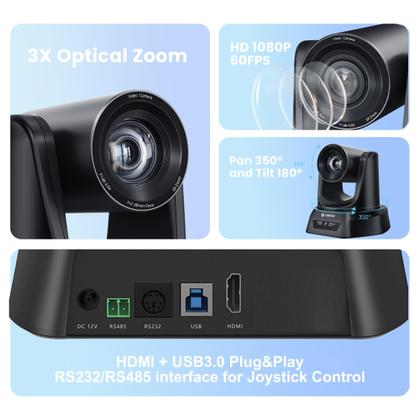 Câmera PTZ TONGVEO 3X Zoom óptico 1080P 60fps HDMI USB 3.0