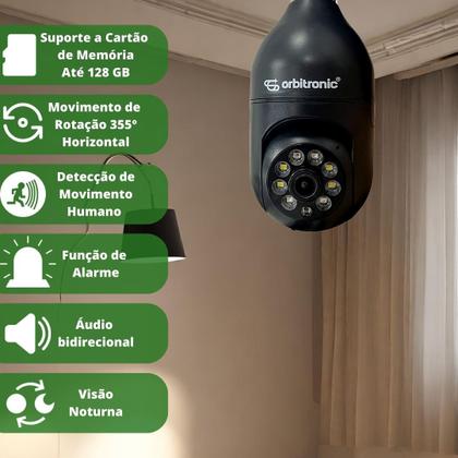 Imagem de Camera Segurança Panoramica Lampada Wifi Espia C/rastreio Preta ORB777BLACK Orbitronic Pré Vendida