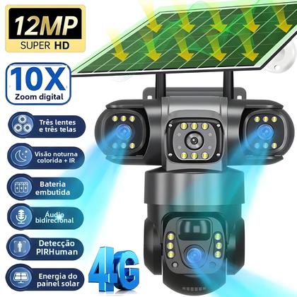 Câmera Solar 4G De 12MP Com Zoom 10X, Lente Tripla, Para Exterior