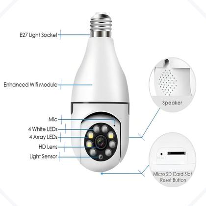 Imagem de Camera Wifi Ip Hd Lampada Bocal E27 Led Infra Alarme Espiã CMIP001