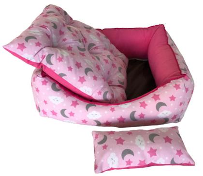Imagem de Caminha pet luxo com travesseiro e almofada dupla face, cor rosa lua