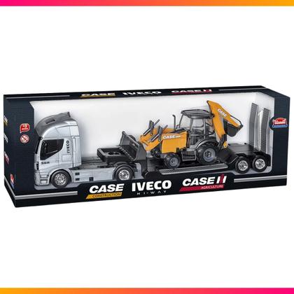 Imagem de Caminhão Brinquedo Iveco Plataforma c/ Retroescavadeira Case Brinquedo Menino