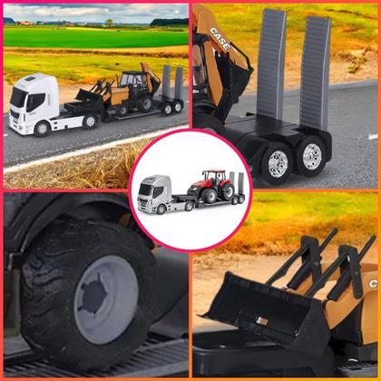 Imagem de Caminhão Brinquedo Iveco Plataforma c/ Retroescavadeira Case Brinquedo Menino