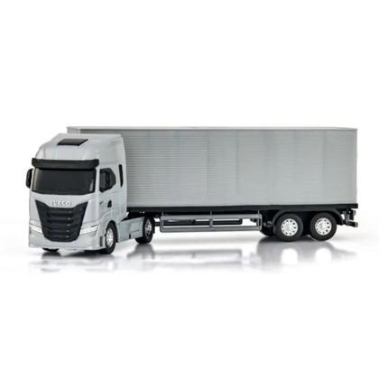 Imagem de Caminhão Brinquedo Miniatura Iveco S-Way Toco Carreta Baú Cor:Prata