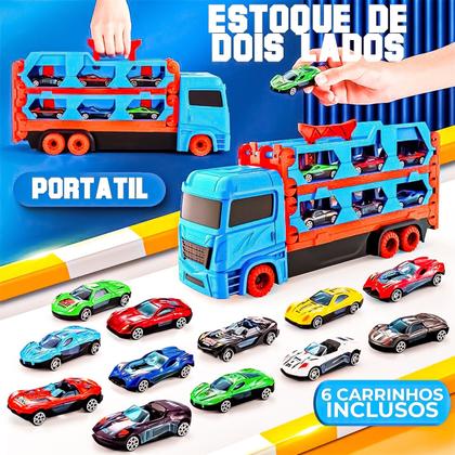 Imagem de Caminhão Cegonheira Carreta Grande Vira Pista 1,64 m Lançador 6 Carrinhos - For Kids