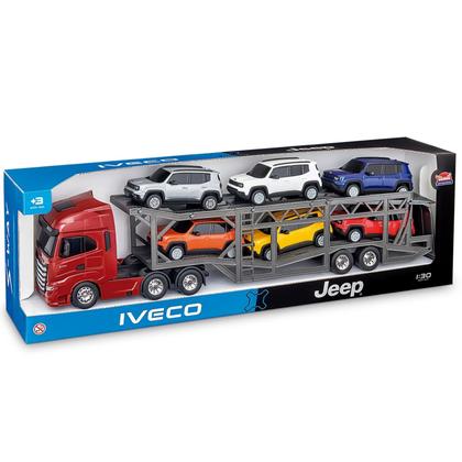 Imagem de Caminhão Infantil Cegonha Iveco Com 6 Jeeps Carrinho Com Pneus de Borracha Usual Brinquedos