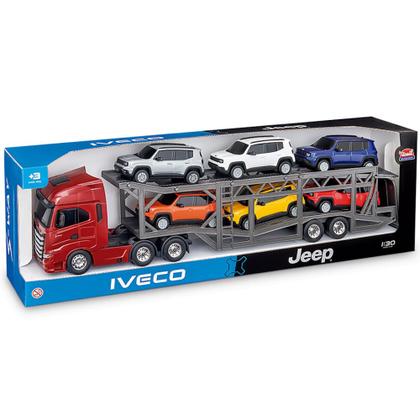 Imagem de Caminhão Iveco S-Way Cegonha Carreta Articulada + 6 Carrinhos Jeep Renegade Infantil