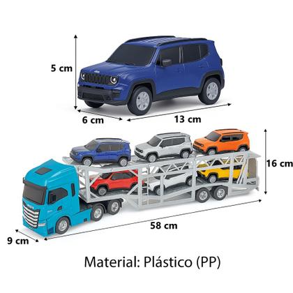 Imagem de Caminhão Iveco S-Way Cegonha Carreta Articulada + 6 Carrinhos Jeep Renegade Infantil