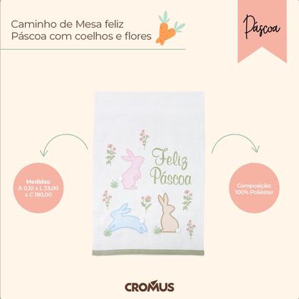 Imagem de Caminho de Mesa Feliz Páscoa Coelhos Floridos Roupa de Mesa Decoração 33x180 cm