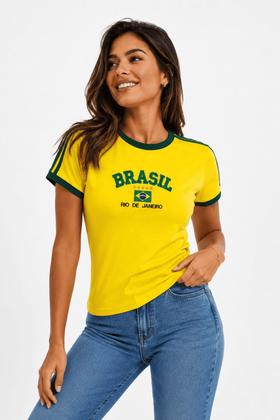 Imagem de Camisa Brasil Bordada BabyLook Feminina