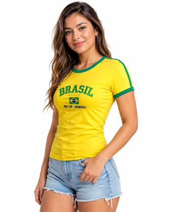 Imagem de Camisa Brasil Bordada BabyLook Feminina