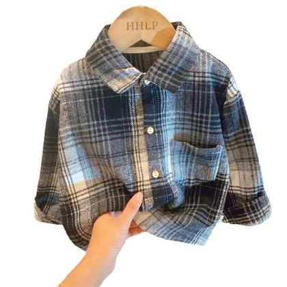 Imagem de Camisa Casual De Manga Longa Com Estampa Xadrez Retro Para Meninas E Meninos