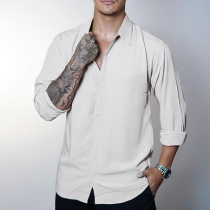 Imagem de Camisa de Linho Blusa Manga Longa Viscose Praia Masculina Muitas Cores