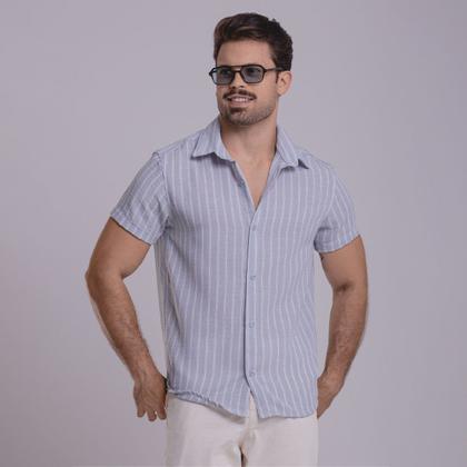 Imagem de Camisa de Linho Listrada Masculina Social Gola Italiana Visco-Linho Manga Curta Gola Italiana