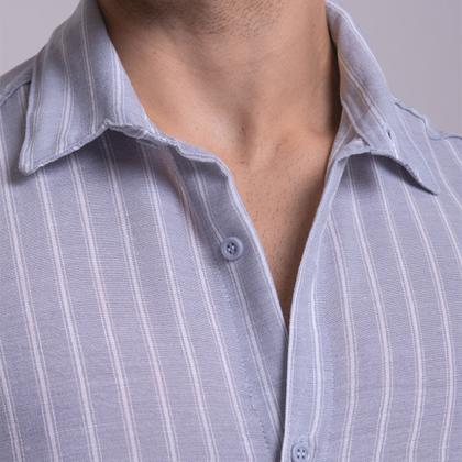 Imagem de Camisa de Linho Listrada Masculina Social Gola Italiana Visco-Linho Manga Curta Gola Italiana